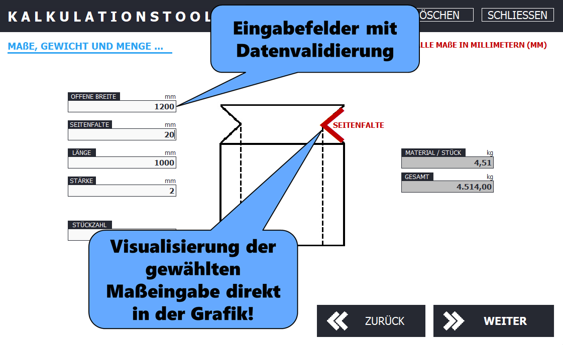 Excel-Kalkulator: Ma&szlig;-Hervorhebung in der Zeichnung (anonymisiert)
