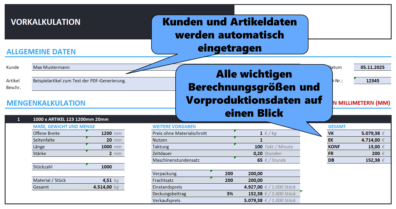 Excel-Kalkulator: Vorkalkulation und Angebots-PDF mit einem Klick (anonymisiert)